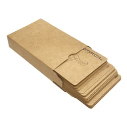 A set of eco-friendly recycled playing cards in a kraft paper box, featuring a simple design and a logo.