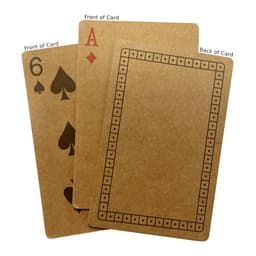 Three eco-friendly playing cards in brown, featuring a six of spades, an ace of diamonds, and a blank back design.
