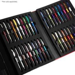 A Pen Sample Folder featuring various pens in multiple colours displayed on black inserts, with a logo present.
