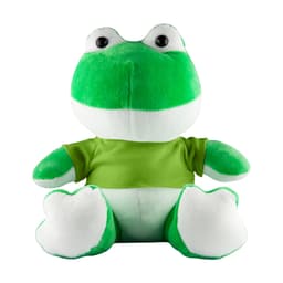 A green frog plush toy with a white belly and a green shirt, featuring large eyes and soft, round features.
