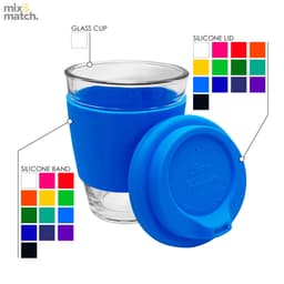 A glass coffee cup with a blue silicone band and lid, featuring various colour options nearby.