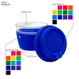 A glass coffee cup with a blue silicone lid and band, featuring various colour options for customization.