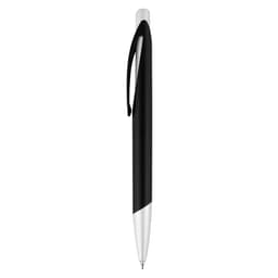 A black plastic pen with a sleek design and silver tip, featuring a logo on its body.