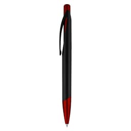 A plastic pen featuring a black barrel with red accents and a clip. It includes a branding logo.