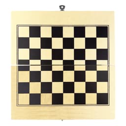 A wooden play case featuring a black and beige checkered board for various games. It includes a logo on the surface.