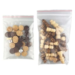 A clear bag containing various wooden game pieces, including brown and beige tokens, dice, and chess-like figures.