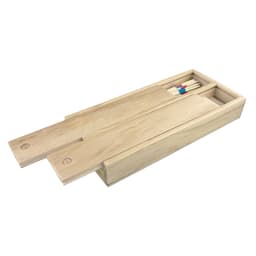 A wooden play set featuring a sleek, light-coloured design with compartments for game pieces. It includes a branding logo.