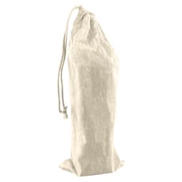 A natural coloured drawstring bag, perfect for storing a small Jenga set, featuring a simple design.