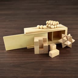 A wooden brain teaser puzzle set featuring various geometric blocks and wooden beads, set on a dark wooden surface.