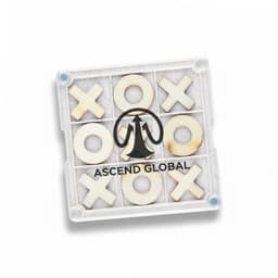 A Tic Tac Toe board game coaster with a clear base featuring wooden X and O pieces and a logo in the centre.
