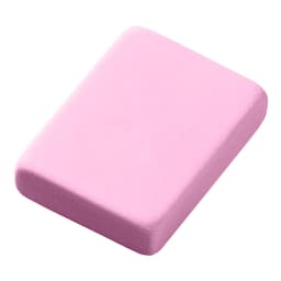 A pink rubber eraser with a rectangular shape, featuring a smooth surface and rounded edges.