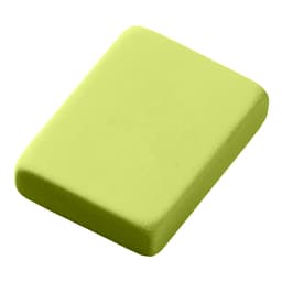 A lime green rectangular rubber eraser with rounded edges, featuring a simple design and a logo.