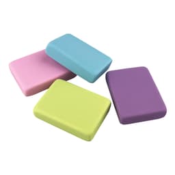 A set of four rectangular rubber erasers in pink, blue, green, and purple, featuring a logo on one.
