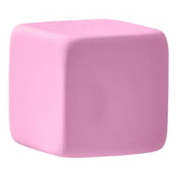 A pink rubber cube eraser with smooth edges, featuring a simple design and a logo.