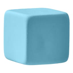 A blue cube-shaped rubber eraser with a smooth finish and rounded edges. It features a logo on one side.