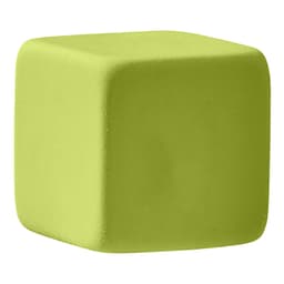A green rubber eraser in the shape of a cube with rounded edges, featuring a logo on one side.
