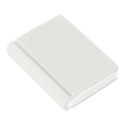 A white book-shaped rubber eraser featuring rounded edges and a smooth finish. It also has a logo on one side.