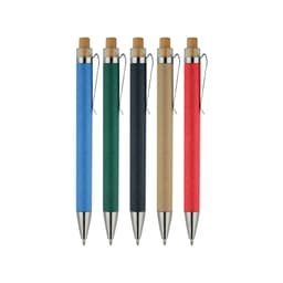 A collection of five recycled cardboard pens in blue, green, black, brown, and red with silver accents.