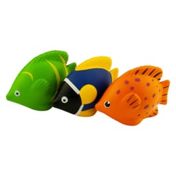 Three colourful stress fish toys in green, orange, and blue, featuring various patterns and a playful design.