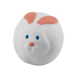 A round, white stress-relief toy shaped like a rabbit, featuring pink ears and blue eyes.