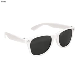 A pair of premium sunglasses with white frames and dark lenses, featuring a logo on the side.
