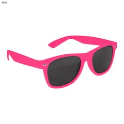 A pair of vibrant pink sunglasses with dark lenses, featuring a logo on the side.
