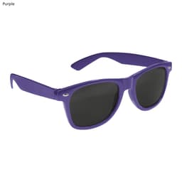 Purple sunglasses with dark lenses, featuring a classic design and a logo on the frame.