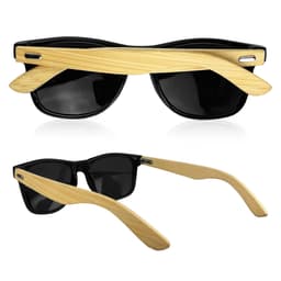 Bamboo Raybeam Premium Sunglasses featuring black frames and bamboo-style arms, accompanied by a branding logo.