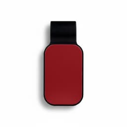 A car visor sunglass holder in red with a black mount. Features a smooth surface and a simple design, includes branding.