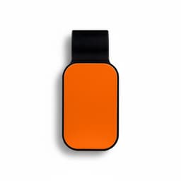 An orange and black car visor sunglass holder with a smooth, rounded design. It features a logo.
