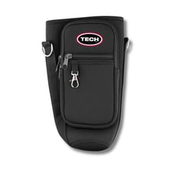 A drink bottle carrier in black neoprene with a front pocket and adjustable strap, featuring a logo.