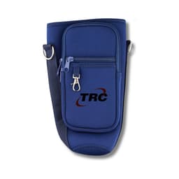 A drink bottle carrier in navy blue neoprene, featuring a zippered pocket and a detachable strap. It has a logo displayed.