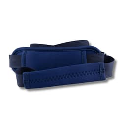 A drink bottle carrier in dark blue neoprene with a sturdy strap for easy carrying, featuring a logo.