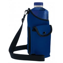 A drink bottle in a blue neoprene holder with a strap and a pocket. The holder features a logo.