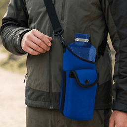A drink bottle in a blue neoprene holder, attached to a person's shoulder by a strap.