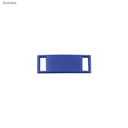 A royal blue luxury shoelace charm with a rectangular shape and two openings. It features a branding logo.