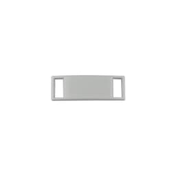 A white luxury shoelace charm with rectangular openings at both ends for attachment.
