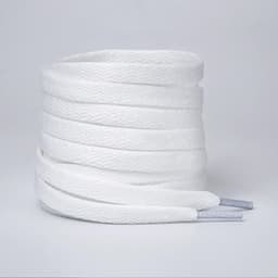 A set of white shoelaces with grey tips, neatly coiled together. The shoelaces have a textured appearance.