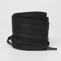 A stack of black shoe laces, coiled neatly, featuring a textured finish. The product has a logo.