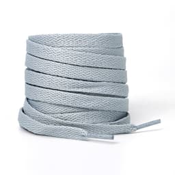 A stack of light grey shoelaces is displayed, featuring a textured, woven design. The image includes a branding logo.