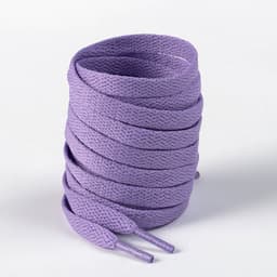 A bundle of purple shoelaces neatly coiled, featuring a textured finish. The product includes a logo on the packaging.