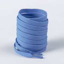 A roll of light blue shoe laces, neatly coiled with tapered ends. The product features a logo.