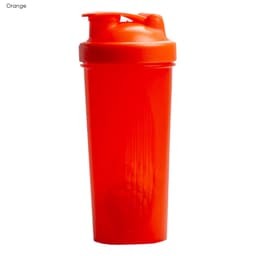 A drink bottle in vibrant orange, featuring a secure lid and a built-in whisk. It has a logo.
