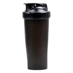 A drink bottle in black, featuring a secure lid and a built-in mixer, ideal for protein shakes.