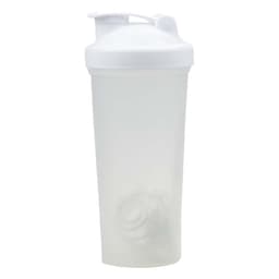 A drink bottle with a white lid and an opaque body, featuring a mixer ball inside.