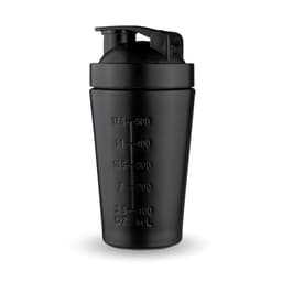 A drink bottle featuring a black design with measurement markings and a secure, flip-top lid, complete with a logo.