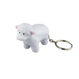 A white sheep-shaped key ring with a silver keychain, made from a stress-relieving material.