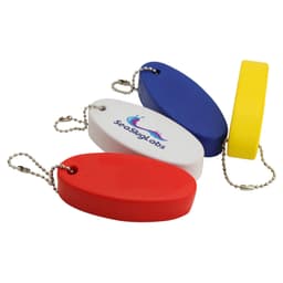 A collection of four floatable key rings in red, blue, white, and yellow, attached with chain links.