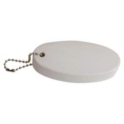A white floating key ring with a rounded, oval shape and a metal chain for attachment.