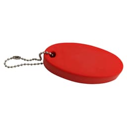 A red floating key ring with a smooth oval shape, attached to a silver ball chain.
